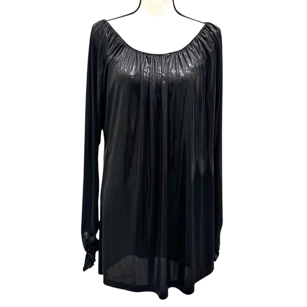 LA ROK METALLIC LIQUID BLACK LOOSE FIT LONG SLEEVE MINI DRESS